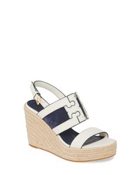 Navy and White Leather Wedge Sandals