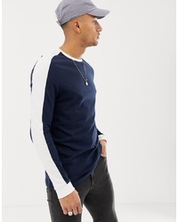 ASOS DESIGN Longline Long Sleeve T Shirt With Contrast Shoulder Panel In Navy