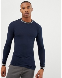 ASOS DESIGN Muscle Fit Long Sleeve T Shirt With Tipping In Navy