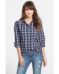 Navy and White Plaid Button Down Blouse