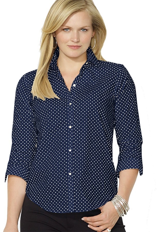 navy blue polka dot shirt womens