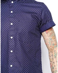 Asos Brand Shirt In Short Sleeve With Polka Dot Print And Grandad Collar