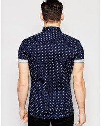 Asos Brand Skinny Polka Dot Shirt In Navy With Short Sleeves