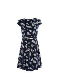 Mandi New Look Navy Leaf Print Cut Out Belted Dress