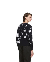 Thom Browne Navy Merino 4 Bar Intarsia Animal Sweater