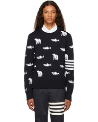 Thom Browne Navy Merino Bear Salmon Sweater