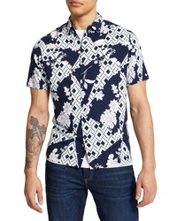 River Island Geometric Floral Print Short Sleeve Button Up Shirt