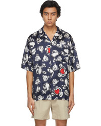 Palm Angels Navy Bear In Love Bowling Shirt