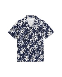 Onia Palm Print Short Sleeve Stretch Chambray Button Up Camp Shirt