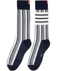Thom Browne White Navy 4 Bar Stipe Socks