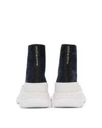 Alexander McQueen Navy And White Suede Tread Slick Platform High Sneakers