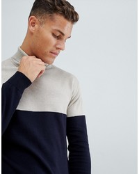 French Connection Contrast Colour Block 100% Cotton Roll Neck Jumper Marine