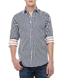 Navy and White Vertical Striped Long Sleeve Shirt