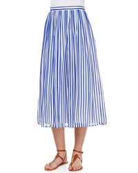 blue and white vertical striped skirt outfit