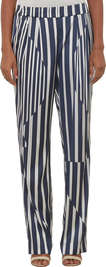 blue and white striped trousers