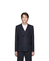 Navy and White Vertical Striped Wool Double Breasted Blazer