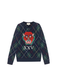 Gucci Argyle Wool Sweater With Appliqus