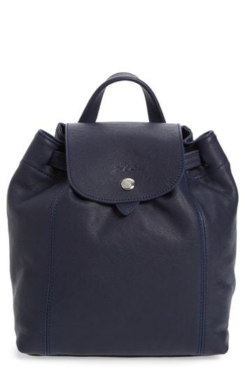 Longchamp Extra Small Le Pliage Cuir Backpack - Blue In Pilot Blue/silver