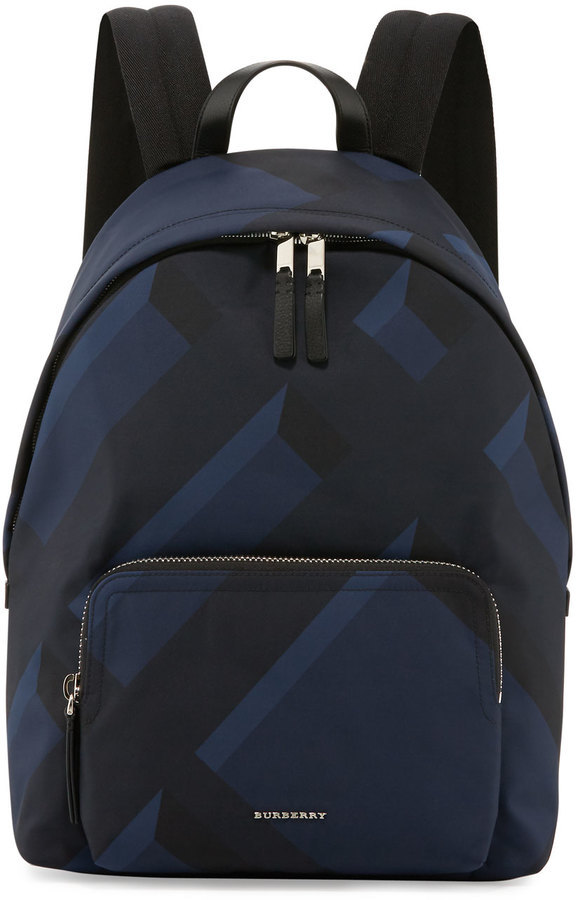 Burberry Leather Trim 3d Check Backpack Navy, $850 | Neiman Marcus |  Lookastic