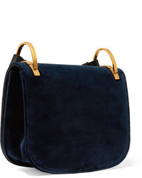 Prada Pionnire Leather Trimmed Velvet Shoulder Bag Midnight Blue