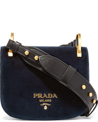 Prada Pionnire Leather Trimmed Velvet Shoulder Bag Midnight Blue