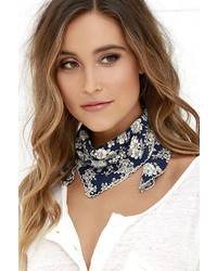 Bold Fashioned Ivory And Navy Blue Floral Print Bandana
