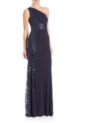 David Meister Beaded One Shoulder Jersey Gown