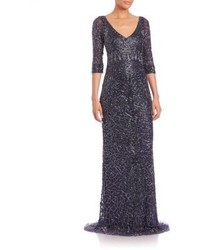 Theia Beaded Three Quarter Sleeve Gown