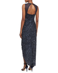 Parker Black Nellie Sleeveless Beaded High Low Gown Navy