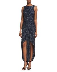 Parker Black Nellie Sleeveless Beaded High Low Gown Navy
