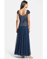 J Kara Embellished Chiffon Fit Flare Gown Size 12 Blue