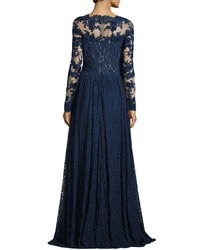 Mandalay Lace Beaded Long Sleeve Gown Navy