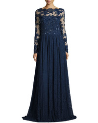 Mandalay Lace Beaded Long Sleeve Gown Navy