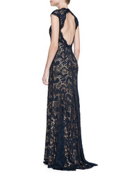 Jovani Plunge Neck Beaded Lace Gown
