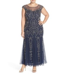 Pisarro Nights Plus Size Illusion Neck Beaded A Line Gown