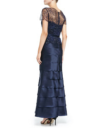 Roland Nivelais Beaded Bodice Tiered Belted Gown