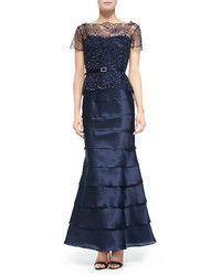 Roland Nivelais Beaded Bodice Tiered Belted Gown
