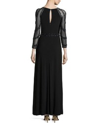 Marina Round Neck Gown W Beaded Sleeves Black