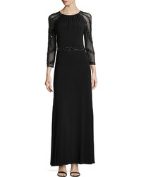 Marina Round Neck Gown W Beaded Sleeves Black
