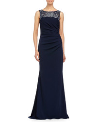 Badgley Mischka Ruched Side Beaded Yoke Gown Navy