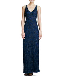 Sue Wong Embroidered V Neck Gown Navy