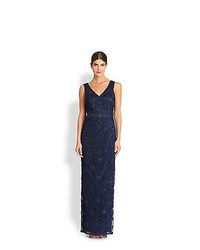 Sue Wong Soutache Embroidered Cowlback Gown Navy