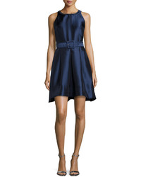 Taylor Fit Flare Belted Dress With Beaded Neck Navy