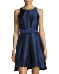 Taylor Fit Flare Belted Dress With Beaded Neck Navy