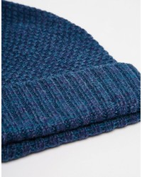 Asos Brand Bobble Beanie In Blue Wool Mix Twist