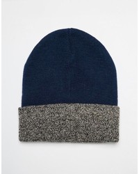 Asos Brand Contrast Turn Up Beanie In Blue And Gray