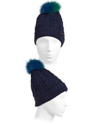 Burberry Cable Knit Wool Cashmere Fox Fur Beanie