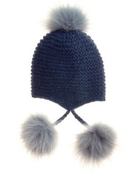Inverni Fur Pom Pom Knit Beanie Navy