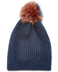 Inverni Navy Cashmere Beanie Hat With Fur Pom Pom