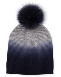 Sofia Cashmere Ribbed Dip Dyed Cashmere Beanie Hat Navy